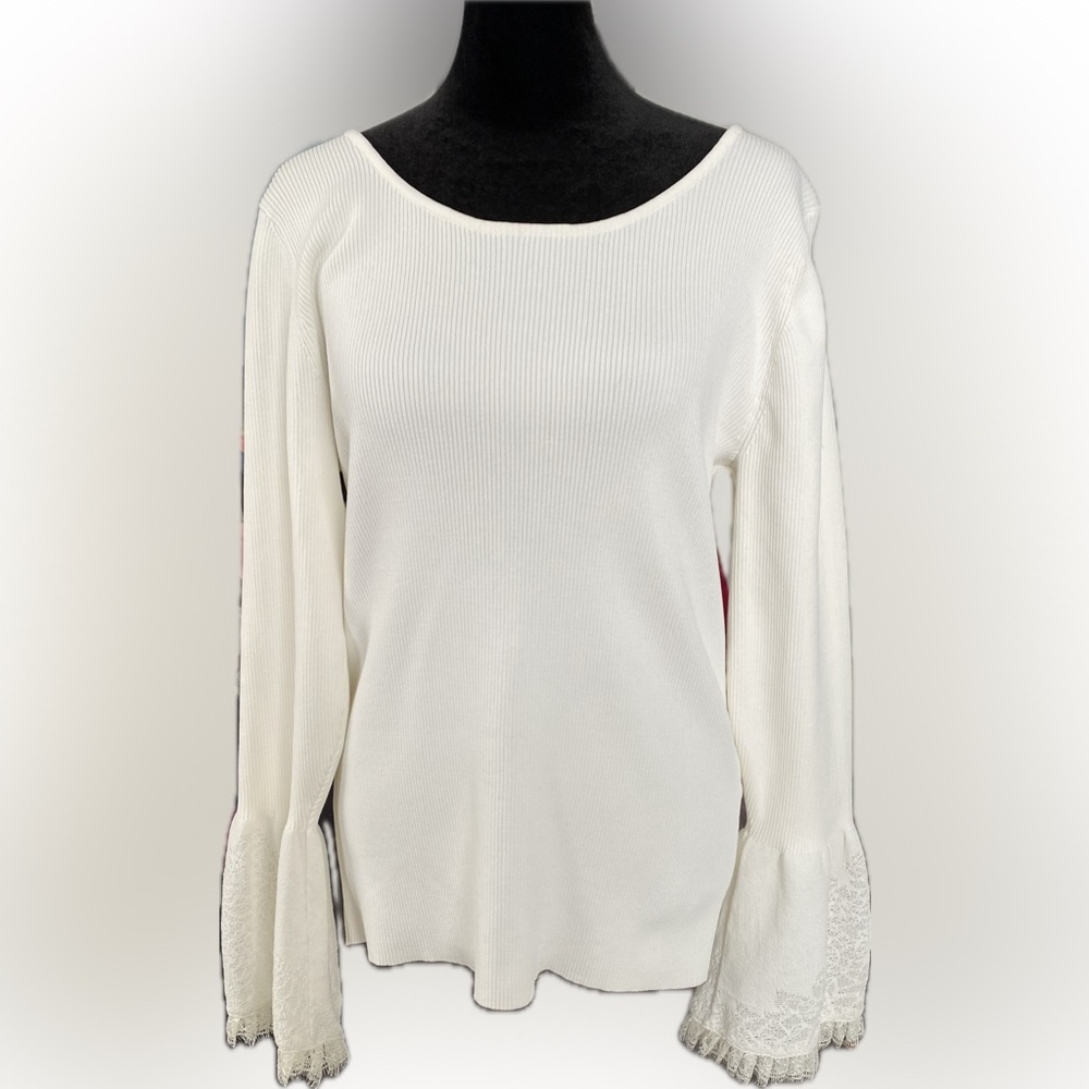 White Lace-Trim Ribbed Knit Blouse - Women